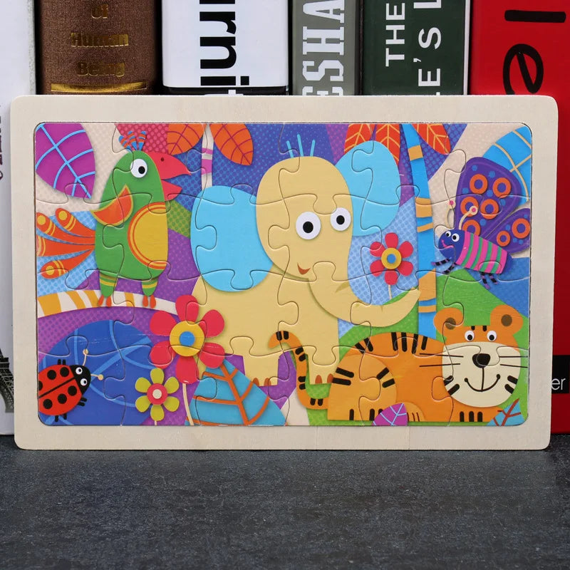 New 24 Pieces Wooden Puzzles Kids Cartoon Animal Wood Jigsaw Early Educational Learning Toys for Children GIFT