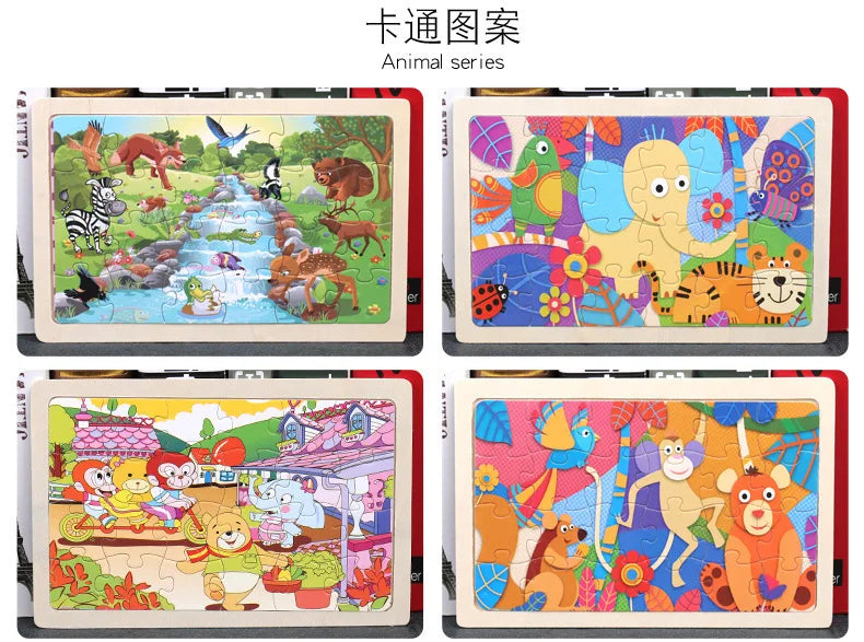 New 24 Pieces Wooden Puzzles Kids Cartoon Animal Wood Jigsaw Early Educational Learning Toys for Children GIFT