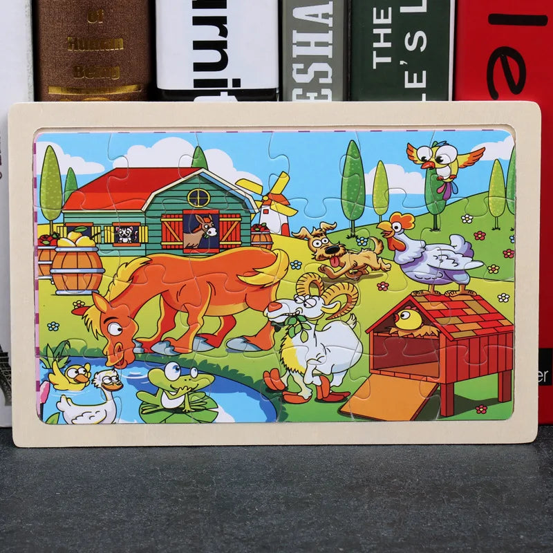 New 24 Pieces Wooden Puzzles Kids Cartoon Animal Wood Jigsaw Early Educational Learning Toys for Children GIFT