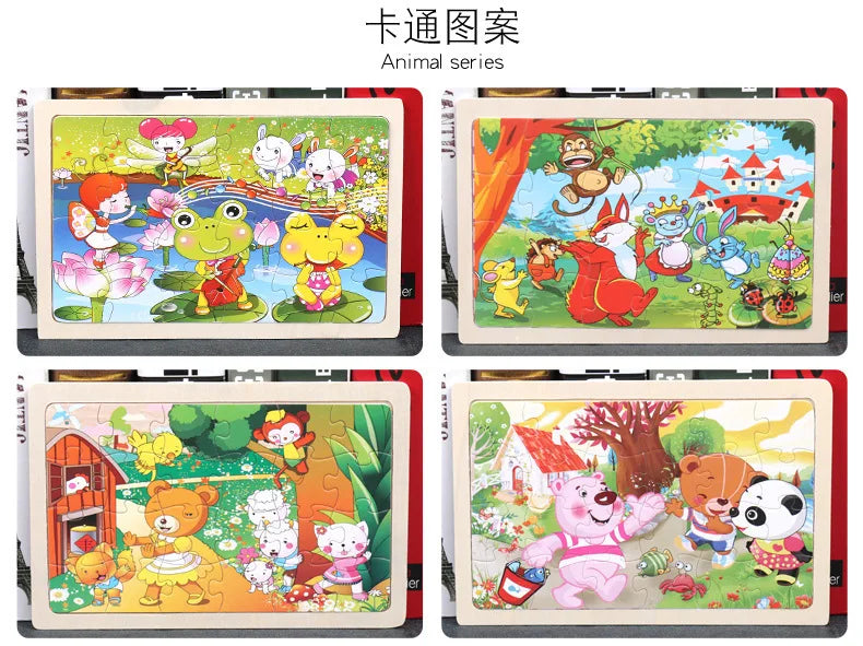 New 24 Pieces Wooden Puzzles Kids Cartoon Animal Wood Jigsaw Early Educational Learning Toys for Children GIFT